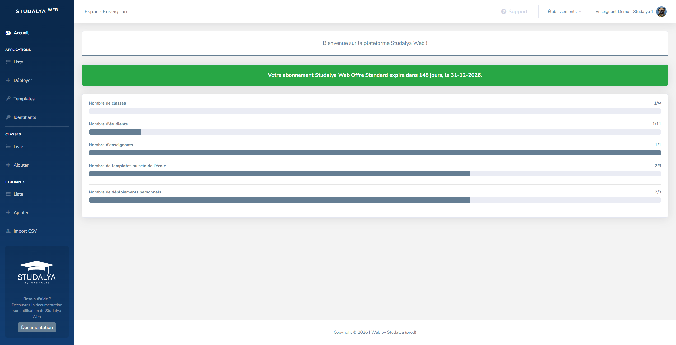 Tableau de bord de l'espace enseignant Studalya WEB