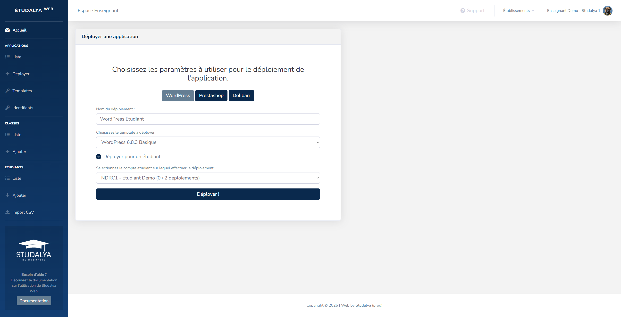 Écran de déploiement d'une application WordPress, PrestaShop ou Dolibarr